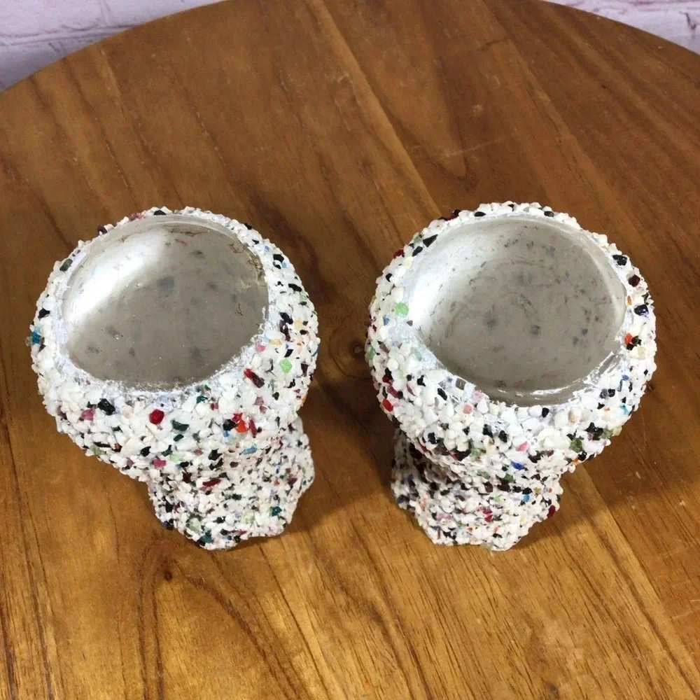 Vintage Colorful Crushed Stone Glass Scalloped Edge Vase Pair